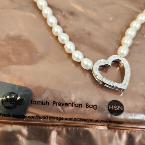 VTG NIB 925 Freshwater Pearl & Pave style Heart Necklace 18" - Picture 10 of 12